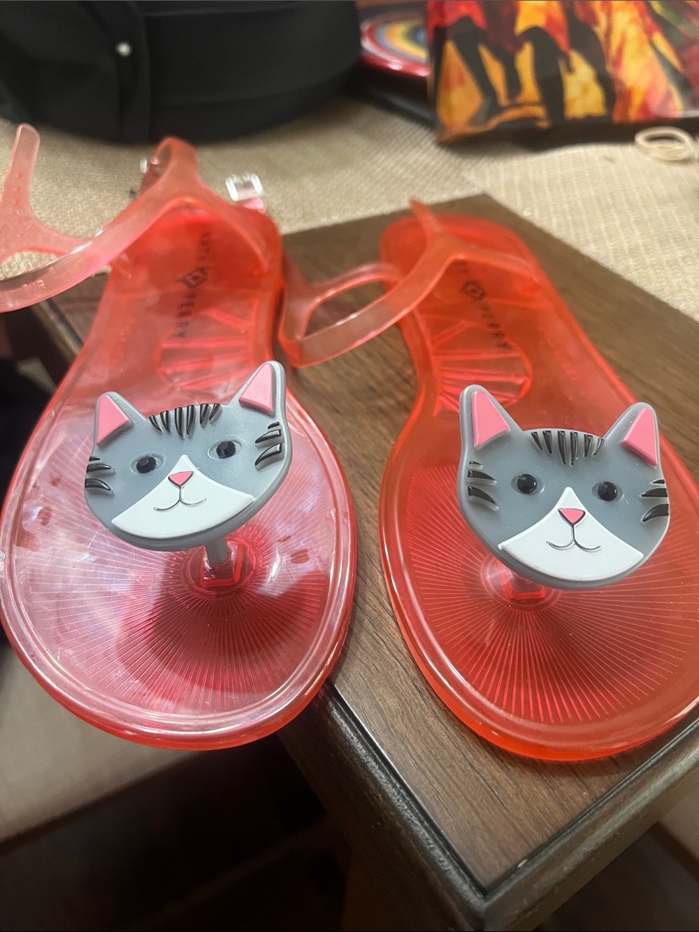 Katy Perry Collections Red Jelly Sandals with Gray Cat Charms
